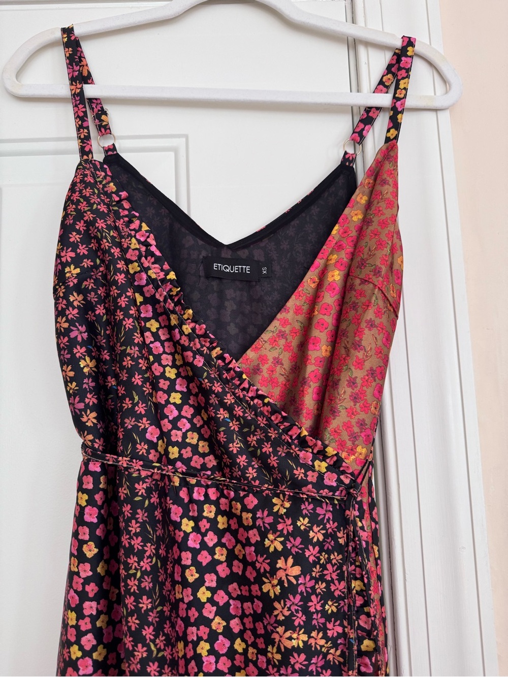 Floral Midi Wrap Dress in Black and Pink